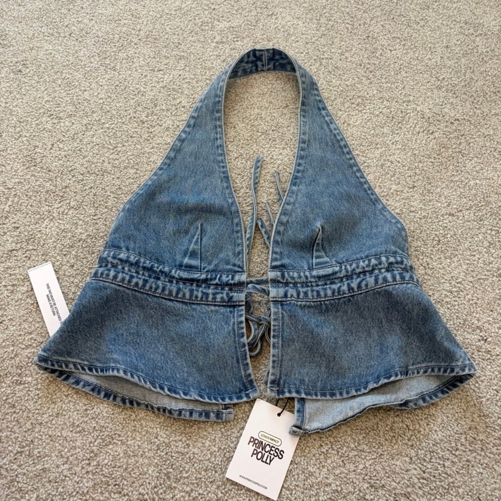 Princess Polly Sequoia Top Womens 6 Blue Denim Halter Western Glam Going Out